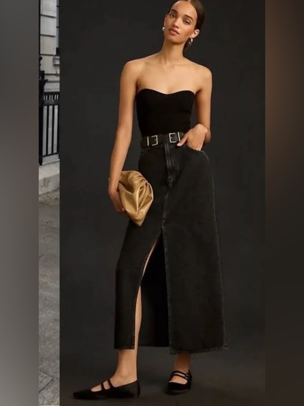 Agolde Black Denim Leif Maxi Skirt with Front Slit